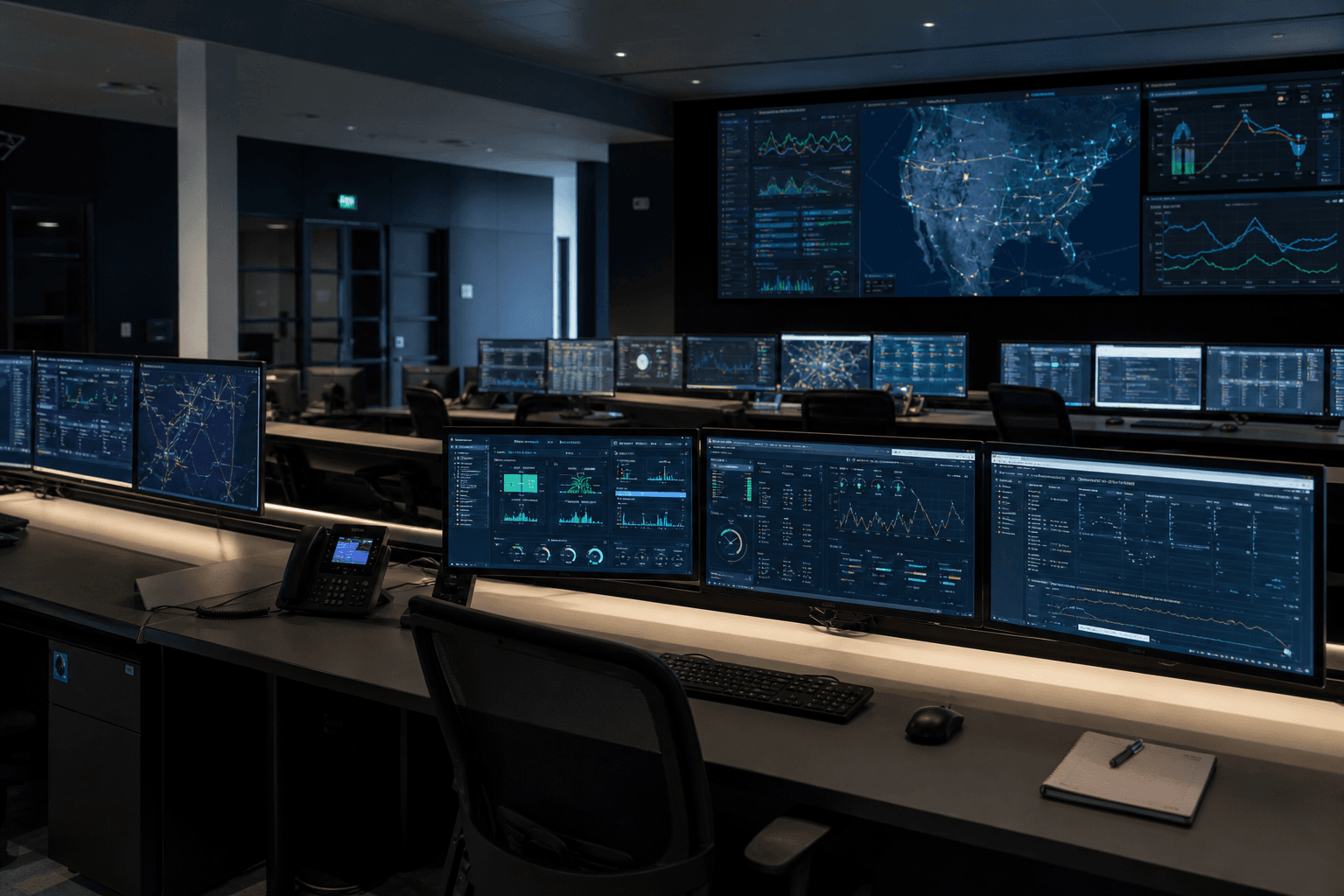 Operations control room with monitoring displays
