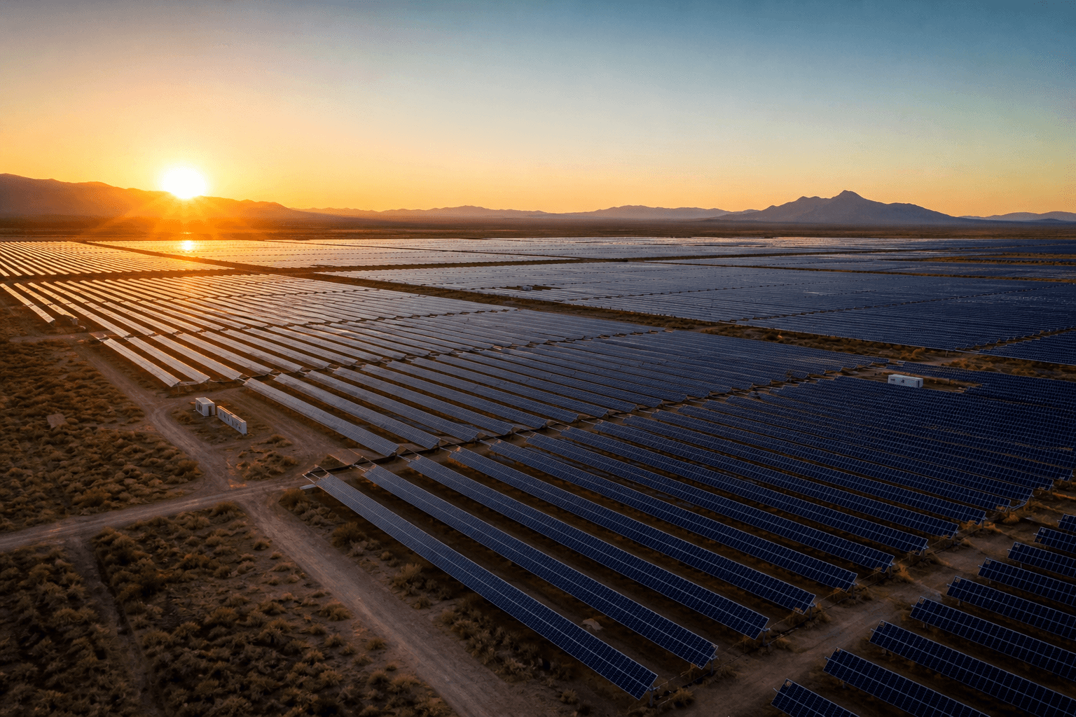 Utility-scale solar farm across an open landscape